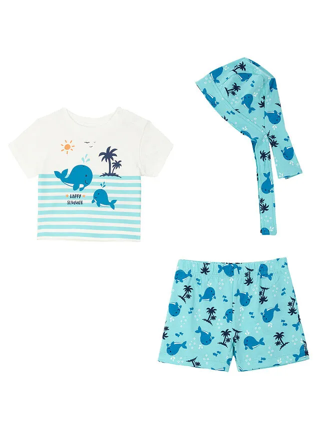 Camiseta + pantalón corto + pañuelo de algodón orgánico (conjunto de 3 piezas) para bebé Verde aguamarina-blanco lana estampado